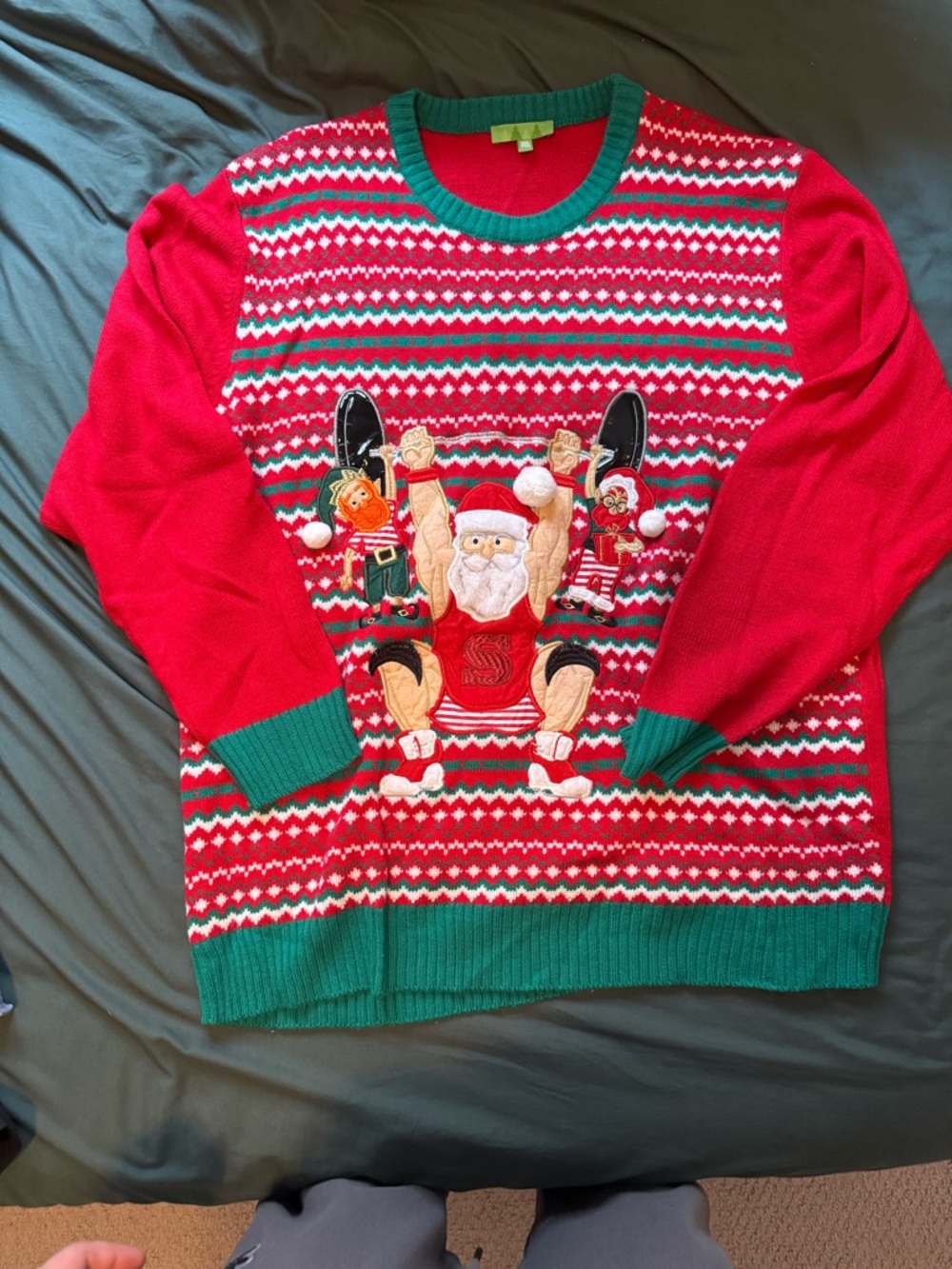 Red & Green Santa Weightlifter Christmas Sweater - Men